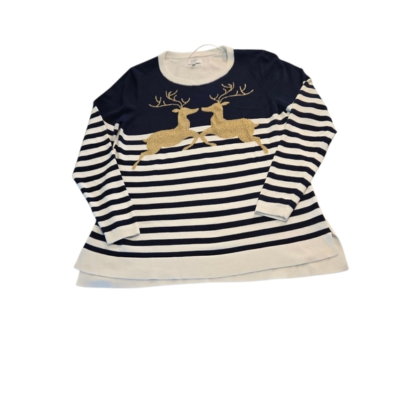 Crown & Ivy Sweater Midnight Blue Stripe Gold Reindeer Women L Holiday Sweater - Picture 8 of 10